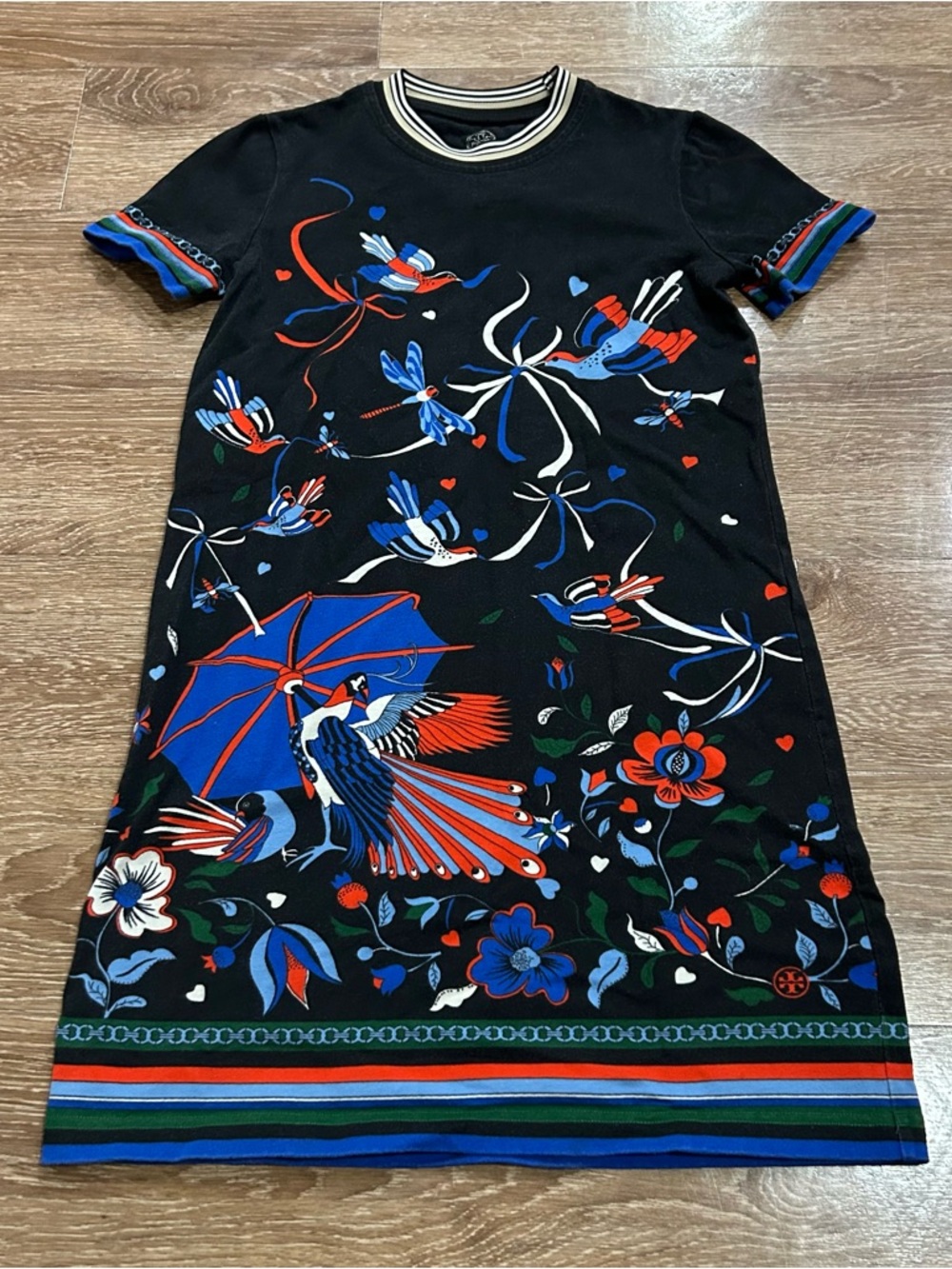 Tory Burch T-Shirt Dress Black Peacock Floral Dragonfly Bow Multicolored Size XS
